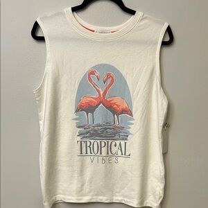 P.J. Salvage Cream Graphic Muscle Tee with Flamingo Design